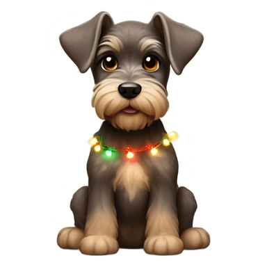 Brown miniature schnauzer puppy tangled in Christmas lights sticker
