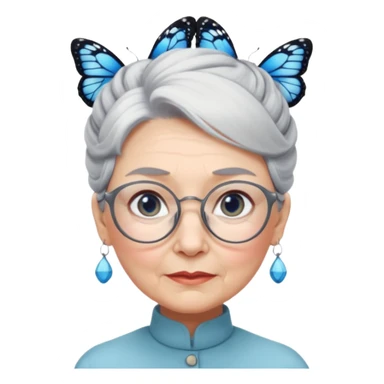 A beautiful grandmother with a delicate face and white/grey hair styled in high buns. She has steely blue/grey eyes and an intense gaze, and wears pretty glasses with butterfly frames. No background sticker