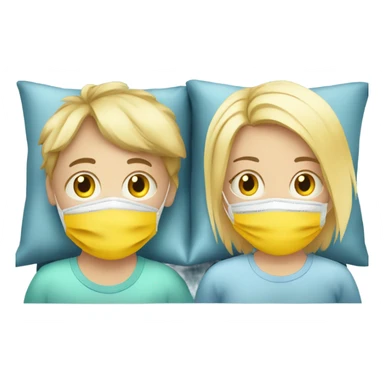 Two blonde children, each in their own bed at home, sick, sad, each wearing a surgical mask, one is a Boy, one is a girl, get well soon sign with yellow heart sticker