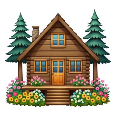 cabin in the woods, surrounded by pines, with flowers around sticker