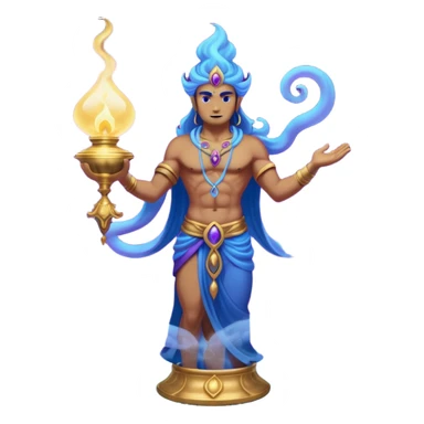 mystical fantasy illustration of a powerful jinn emerging from an ancient golden lamp. Glowing blue and purple smoke spirals upward in a smooth circular motion, creating the illusion of a looping animation.  sticker