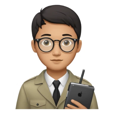 a asia man guy his 20s wearing an apple notebook, wearing bodyguard radio operator, round glasses, achromatic clothes sticker