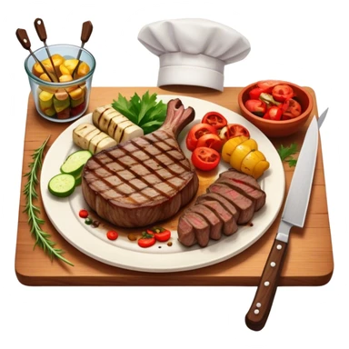 icon featuring a chef’s hat, a cutting board with fresh ingredients, a knife, a beautifully cooked ribeye steak, shashlik skewers, and a plate of food in the making. The design captures the passion of cooking with warm, inviting colors, and realistic textures. Transparent background. sticker
