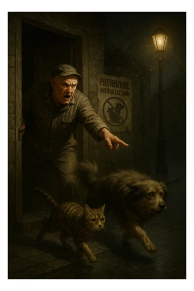 Un uomo anziano in tuta da lavoro, con espressione arrabbiata, butta fuori i suoi animali con aperta la porta di casa mentre il suo cane (un meticcio a pelo lungo) e il gatto (soriano) scappano nella strada buia sotto la pioggia. Particelle di polvere/pulci fluttuano nell'aria illuminata dal lampione. Sullo sfondo, un poster strappato del veterinario con scritto 'Prevenzione antiparassitaria'. Stile fotorealistico, illuminazione Caravaggesca, toni grigi e ocra. in italiano sticker