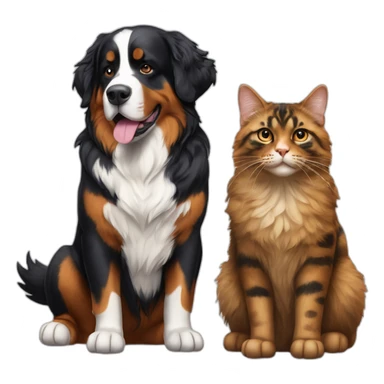 A Bernese dog next to A tortoiseshell cat without white sticker