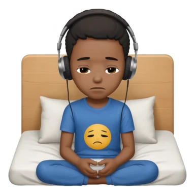 Sad black kid with headphones on sitting on a bed sticker