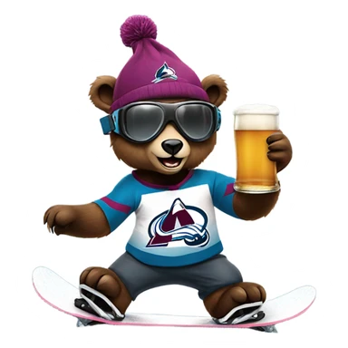 snowboarding bear wearing helmet and goggles, colorado avalanche jersey doing insane tricks while holding a beer sticker