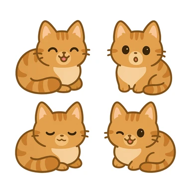 Create four versions of the orange cute cat in the reference image, each with a different expressive emotion: happy, surprised, sleepy, and playful. Keep the same style and pose, only change the facial expressions to reflect these emotions. sticker