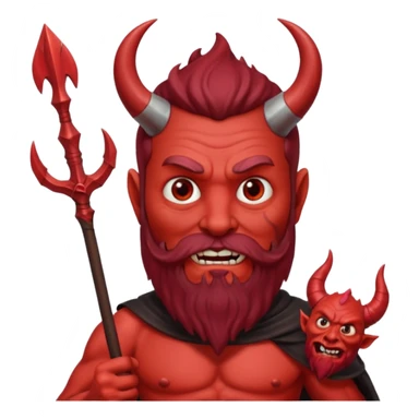 satan emoji holding a trident. make him red and scary. make him older with a beard sticker