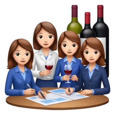 Make a photo of 5 project managers, specifically 3 girls with brown hair and 2 boys, that are making project for improvement of the winery sticker
