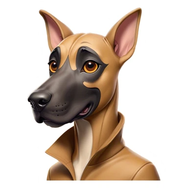 Cinematic Comical Fawn Great Dane Portrait Emoji, Head tilted dramatically with an exaggeratedly amused expression, featuring a sleek fawn coat with a subtle dark mask, wide, expressive amber eyes filled with playful disbelief, Simplified yet hilariously expressive features, highly detailed, glowing with a slightly sassy glow, high shine, dramatic yet playful, stylized with an air of cheeky mischief, bright and endearing, soft glowing outline, capturing the essence of a spirited and over-the-top guardian, so meme-worthy it feels like it could side-eye its way into internet fame instantly! sticker