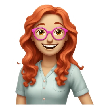 Pale, Long Wavy haired red head, girl with pink circular glasses glasses laughing and pointing sticker