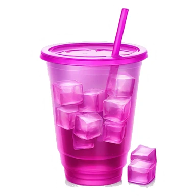Realistic see through plastic cup and lid with half full Transluscent magenta soda,straw and large ice cubes inside. sticker