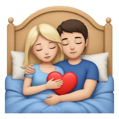 cuddling in bed, asleep. blonde girl. brunette man. eyes closed. heart between them. no headboard sticker