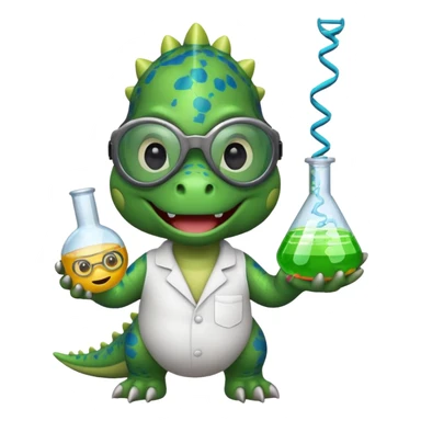 cheerful dino wearing safety goggles, holding a DNA strand and a flask, emoji style sticker
