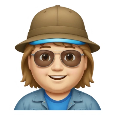 a very fat 16 year old boy who has light brown hair and a mullet and wearing a hat with upside down sunglasses on top of the hat sticker