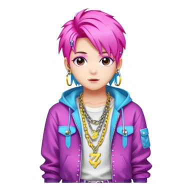  portrait-of-young-ghost-idol-in-kpop-style,-wearing-flashy-streetwear-outfit,-colorful-dyed-hair,-confident-pose,-accessorized-with-chains- sticker