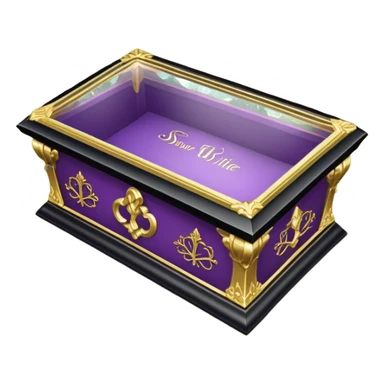 Snow White's coffin in the image is a highly symbolic piece, embodying both solemnity and fairytale charm. It is designed with a transparent glass lid, allowing a clear view of Snow White lying inside in her pure and untouched beauty. The frame around the lid and the base of the coffin is made of gold-colored metal, intricately carved in a Gothic style. Along the side of the coffin, the name “SNOW WHITE” is prominently displayed in ornate, medieval-style lettering, serving as an eternal tribute to the legendary character. The coffin is placed in a quiet forest clearing, resting on a bed of green grass and surrounded by clusters of colorful flowers—purple, pink, and white—which add a sacred and emotional atmosphere. The dwarfs stand nearby in silence, keeping watch and heightening the sense of reverence and sorrow. The entire design of the coffin harmoniously blends medieval artistry with mythical elements, honoring Snow White’s beauty while creating a legendary, fairytale-like setting. sticker