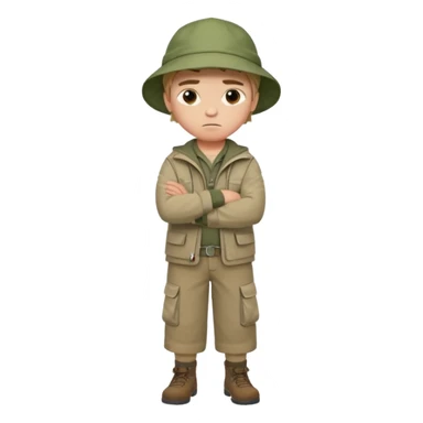A boy with crossed arms, looking annoyed, dressed in fishing clothes full body sticker