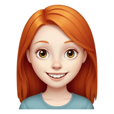 traditional emoji of young girl with very pale skin, long straight bright ginger red hair, very big wide human eyes, wide nose, big smile with extremely large prominent teeth showing, classic round face sticker