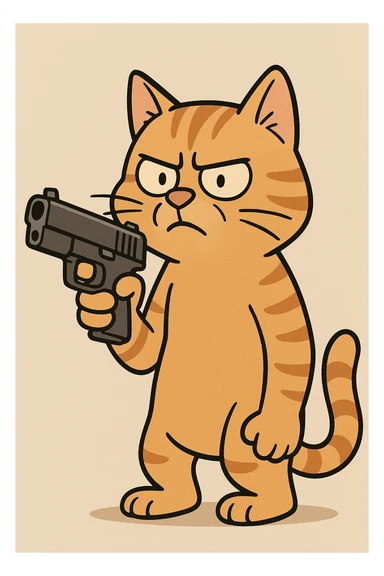 orange tabby cat holding a gun, cartoon style, bold lines sticker