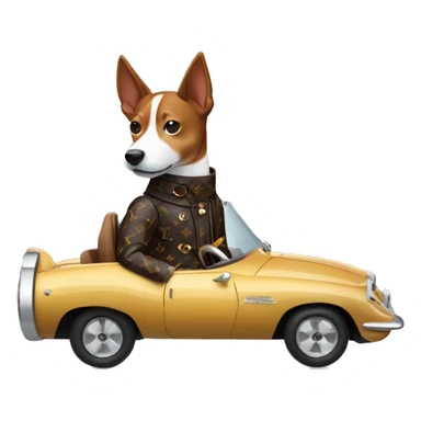 a basenji in a louis vuitton jacket riding in a sports car. sticker
