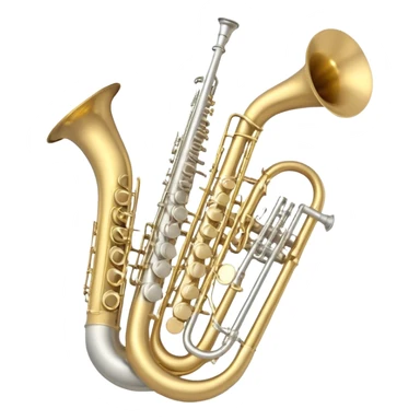 Create a professional, harmonious emoji collage symbolizing wind instruments.  The instruments should be in metallic gold, silver, and brass tones, with subtle reflections to convey a professional and polished appearance. Add soft musical notes or soundwaves to surround the instruments, creating a sense of movement and sound. The background should be transparent, ensuring all instruments are the focus and the composition remains harmonious and balanced. sticker