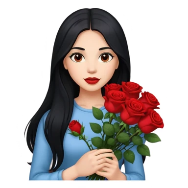 A beautiful girl with long black hair holding a bouquet of roses sticker