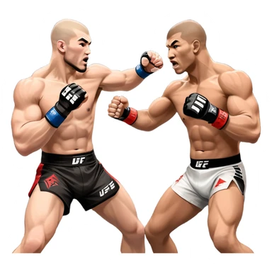 Two MMA fighters in the octagon, one delivering a strong punch while the other defends with a guard. The background shows the UFC octagon with the crowd in the distance. Transparent background emphasizes the dynamic intensity and skill of mixed martial arts. sticker