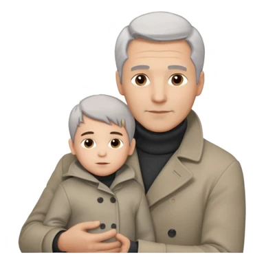 A father with silver-grey hair styled neatly and a clean-shaven face, wearing a dark turtleneck and wool coat, holding his child gently. The child has light brown hair and a soft white jacket. Warm cinematic lighting, emotional close-up. sticker
