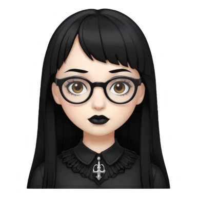 Faça uma moça de cabelo preto micro franja e pálida e com maquiagem gótica pesada olhos castanhos escuro e óculos  sticker