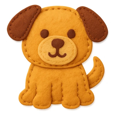 <StylePrompt>
  <Name>Felt Appliqué Plush Style</Name>
  <Description>A soft, handcrafted look inspired by plush felt fabric with visible stitching and a padded 3D texture, rendered on a solid black background.</Description>
  <VisualProperties>
    <Material>Felt</Material>
    <Texture>Soft, fuzzy, with slight fiber detail</Texture>
    <Stitching>
      <Type>Thick thread</Type>
      <Color>Orange or slightly darker tone than fabric</Color>
      <Pattern>Uniform running stitch along outer edge</Pattern>
    </Stitching>
    <Padding>High, plush-like 3D depth</Padding>
    <Edges>Rounded corners</Edges>
    <ColorPalette>
      <Primary>Warm yellow/orange tones</Primary>
      <Accent>Brown or dark orange for facial features and outline</Accent>
      <Background>Black</Background>
    </ColorPalette>
  </VisualProperties>
  <Rendering>
    <Lighting>Soft, even studio lighting</Lighting>
    <Shadows>Subtle drop shadows for depth</Shadows>
    <Perspective>Flat front-facing, symmetrical if applicable</Perspective>
  </Rendering>
  <Applicability>
    <SubjectType>Any object, animal, or letterform</SubjectType>
    <OutputFormat>Icon, emoji, patch-style graphic</OutputFormat>
  </Applicability>
</StylePrompt>

{subject} = dog sticker