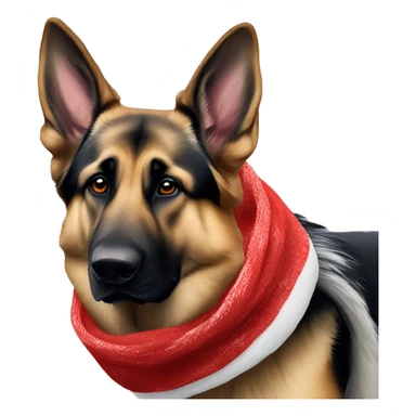 German shepherd dog with a scarf on a cold winter day with a Santa hat sticker
