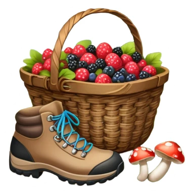 Icon for Mushroom and Berry Tourism: a basket filled with mushrooms and berries, surrounded by forest elements like trees, leaves, and a hiking boot. The icon should capture the joy of foraging in nature. Transparent background. sticker