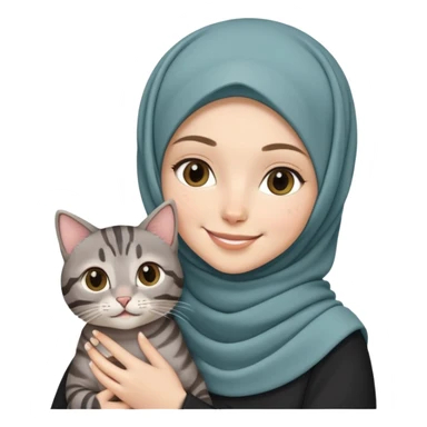 White girl wearing hijab holding a black grey tabby cat while smiling sticker
