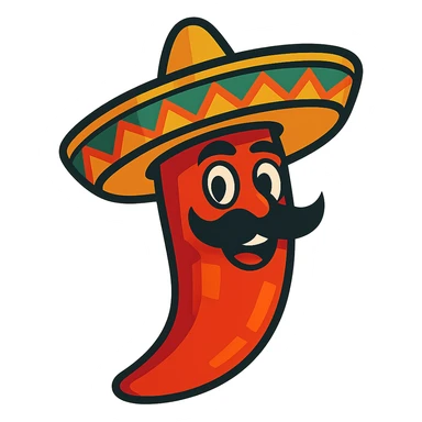 vibrant toon style red chile pepper with a sombrero and a Mexican moustache sticker