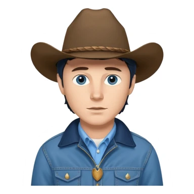 Jack Twist from Brokeback Mountain with blue eyes, dark brown hair, light blue shirt, navy blue jacket and cowboy hat sticker