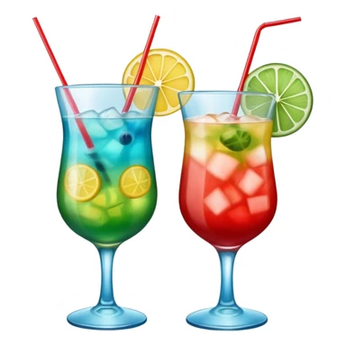 Create two emoji of clear red blended yellow cocktail, cheers with blue blended green cocktail, without any fruit and skewers sticker