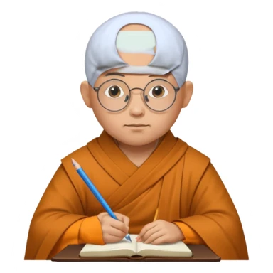 A bald scholar monk with round glasses, writing notes with quiet concentration.
 sticker