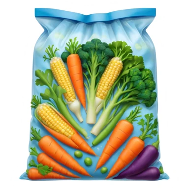 A colorful plastic bag filled with mixed vegetables — peas, carrots, corn, and broccoli — sealed and lightly frosted. Tnutrition facts, and vibrant vegetable images. Displayed in a grocery store freezer with cool white lighting and condensation on the glass door. sticker