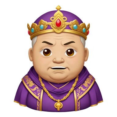 fat temple priest with a scary look and a closed, troubled smile, more emphasis on the priest's robe sticker