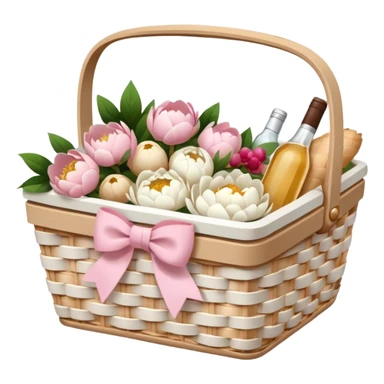 White Picnic basket with light pink bow and white peonies inside sticker