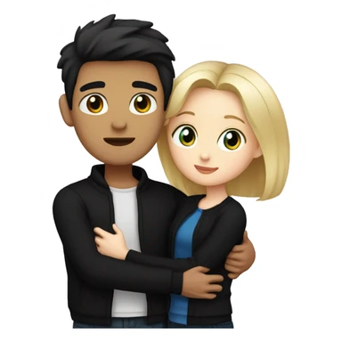 Blonde girl with blue eyes in black sweater and an east asian man with black hair and black eyes hugging sticker