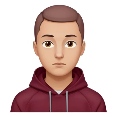 young European man in a maroon hoodie with hood up, short brown buzzcut, smooth skin, oval face, defined jawline, high cheekbones, sharp eyes, straight eyebrows, neutral expression sticker