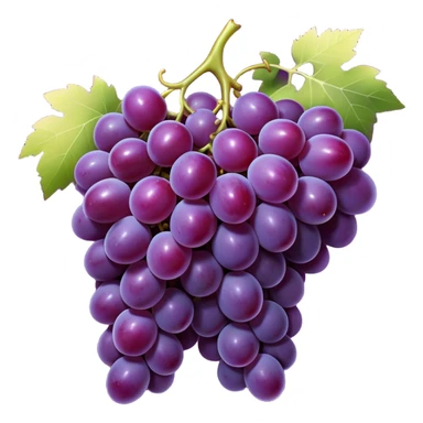 Cinematic Realistic Grapes Emoji, Clustered together in rich purple hues, with smooth, plump skins reflecting light in a glossy, delicate sheen. The stems curve slightly, holding the clusters together like a sweet, natural treasure. Soft glowing outline, capturing the essence of natural sweetness and richness in a bunch of ripe grapes! sticker