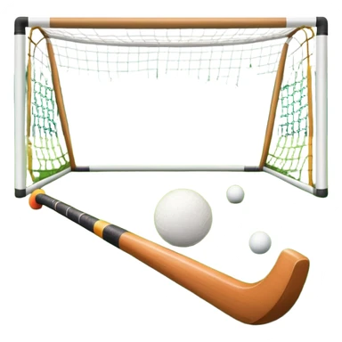 field hockey stick and ball on green grass field with goalposts in background sticker