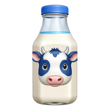 A 3D cartoon glass bottle of cow’s milk — white liquid, blue cap, clear reflections, Memoji-style rendering. sticker