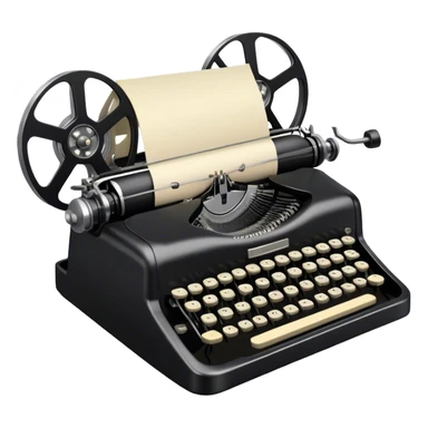 Create an emoji representing screenwriting. The design should feature an open script with visible dialogue and action lines, symbolizing the writing of a screenplay. Include a classic typewriter or a modern writing device, such as a laptop, to signify the process of creating a script. Optionally, add elements like a film reel or director's chair to emphasize the cinematic aspect of screenwriting. Use a professional color palette with black, white, and subtle metallic tones. Do not include any emojis or smiley faces. Make the background transparent. sticker