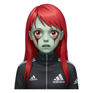 Crie um emoji de uma menina zumbi  com o cabelo vermelho longo com uma franja reta casaco de gola alta da adidas sticker