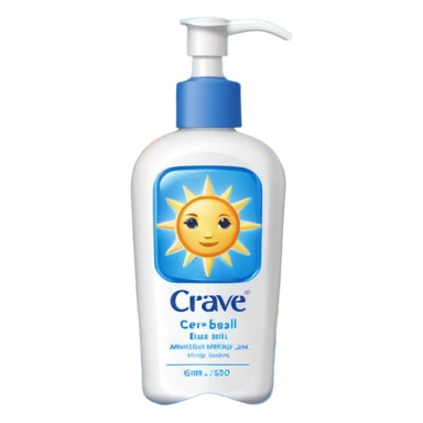 White CeraVe bottle with blue label and yellow “AM” badge, topped with a pump. Surrounded by radiant sun sparkles, soft UV-deflecting light rings, and a blue protective glow. Feels like a daytime skin shield potion in a sleek, glossy bottle. sticker